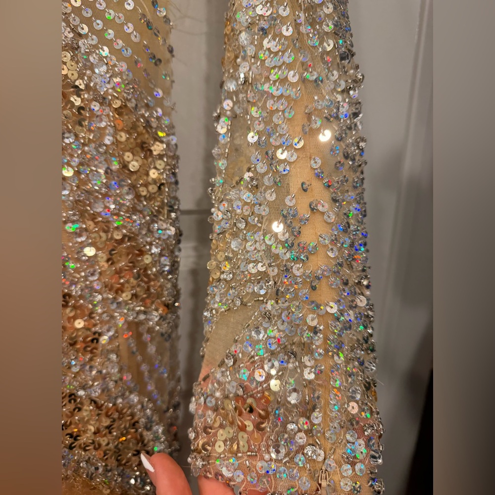 Jovani Gold Sequin Beaded Mini Dress | Long Sleeve Cocktail Dress Designer - Picture 11 of 14